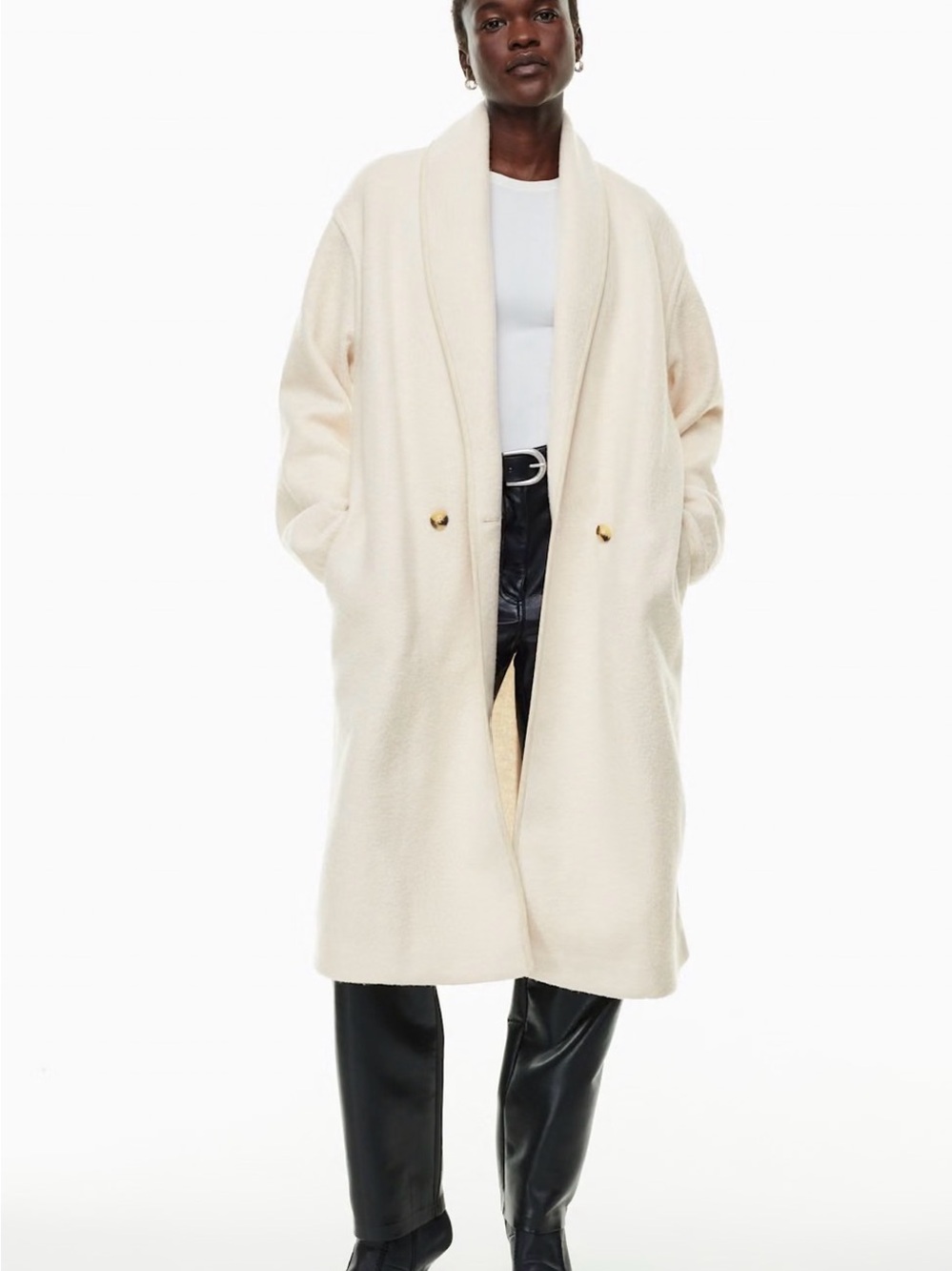 Aritzia Cream Shawl-Collar Double-Breasted Long Coat